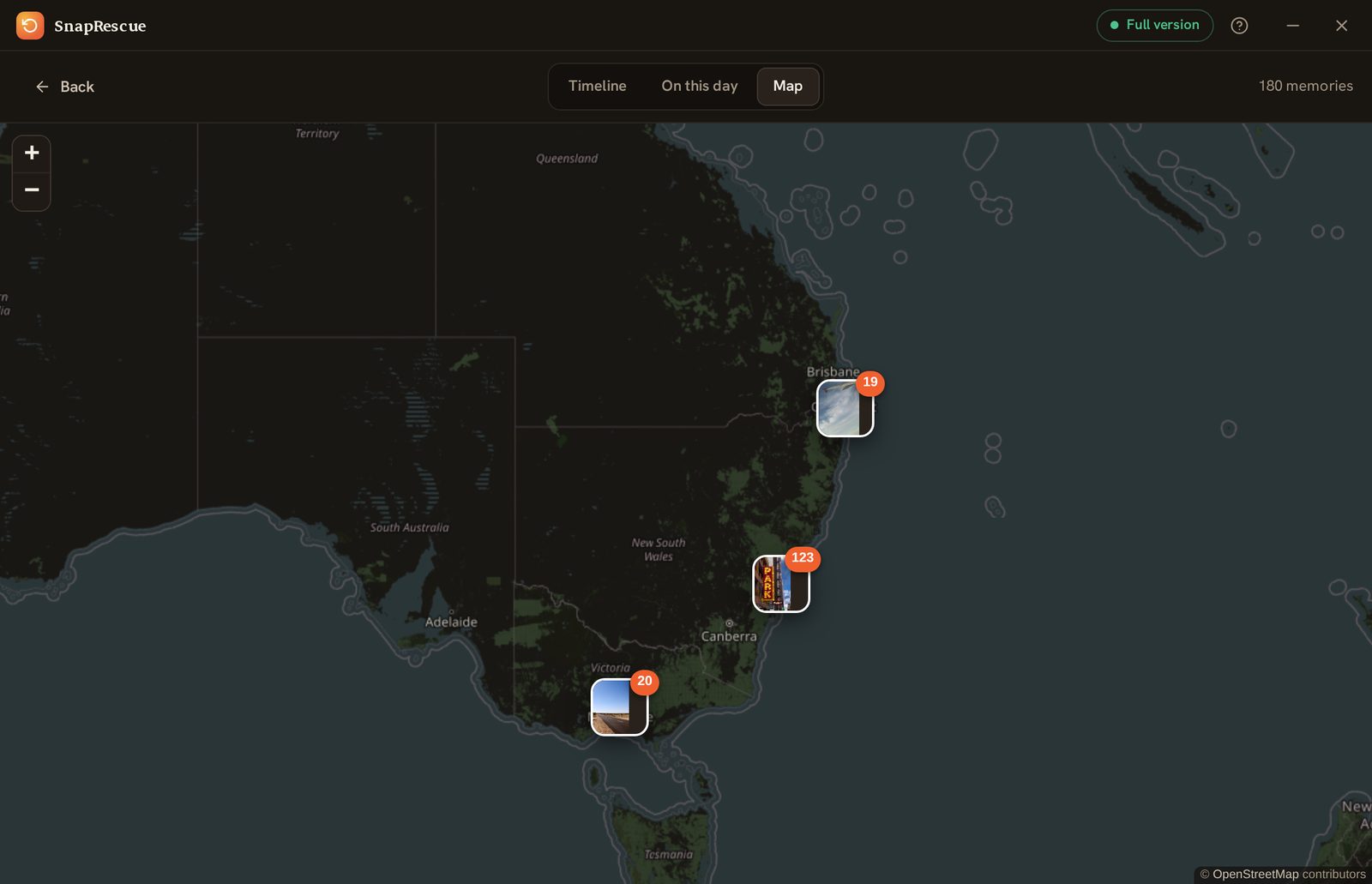 SnapRescue's map with memories pinned across Australia