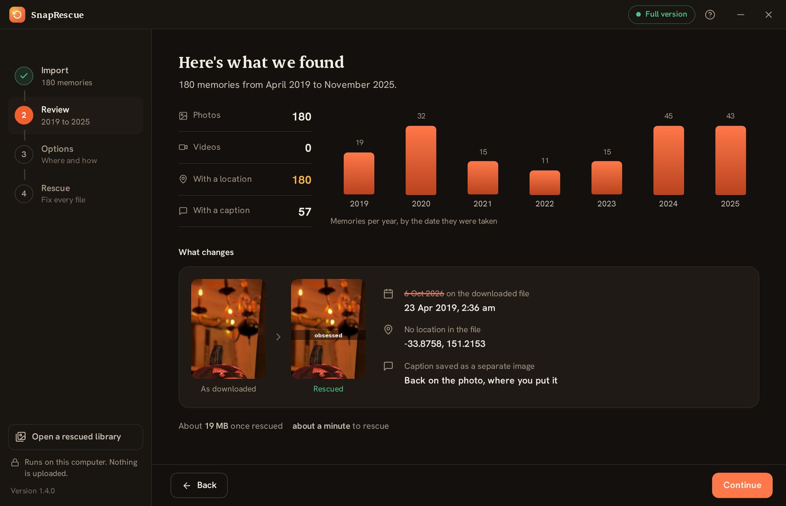 The review screen: memories per year and a before and after of one memory
